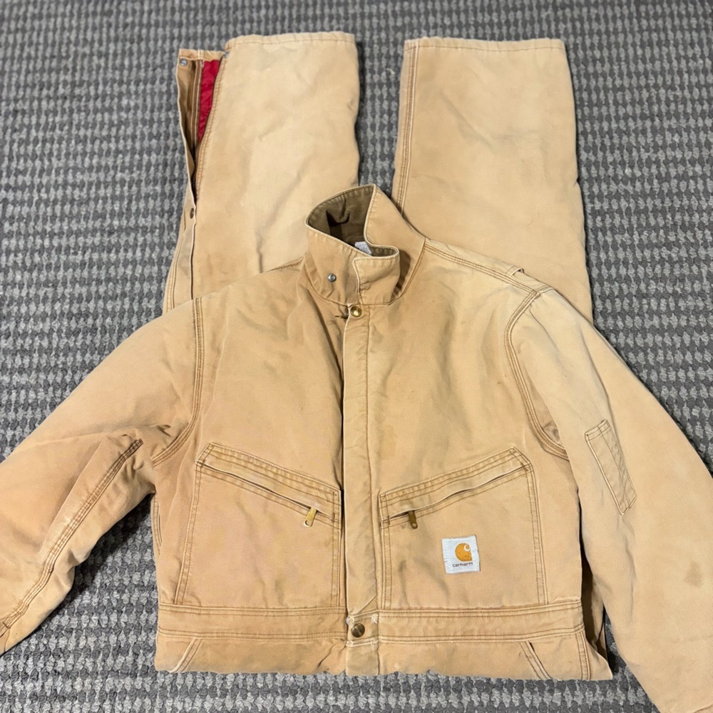 Vintage Carhartt Red quilted Insulated Canvas Coveralls Brown 996QZ 44S USA - Picture 1 of 16